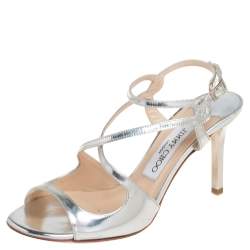 Pre Owned Jimmy Choo Silver Mirror Leather Paxton Cross Strap Sandals Size 35.5