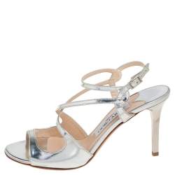 Pre Owned Jimmy Choo Silver Mirror Leather Paxton Cross Strap Sandals Size 35.5