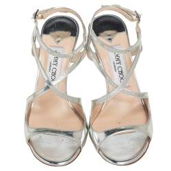 Pre Owned Jimmy Choo Silver Mirror Leather Paxton Cross Strap Sandals Size 35.5