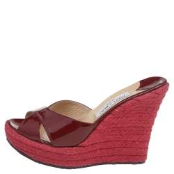 Pre Owned  Jimmy Choo Red Patent Leather Phyllis Wedge Platform Espadrille Sandals Size 40