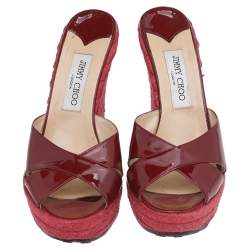 Pre Owned  Jimmy Choo Red Patent Leather Phyllis Wedge Platform Espadrille Sandals Size 40