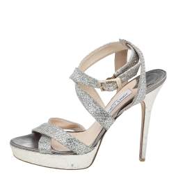Jimmy Choo Metallic Gold Glitter Fabric Vamp Platform Strappy Sandals Size 40