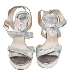 Jimmy Choo Metallic Gold Glitter Fabric Vamp Platform Strappy Sandals Size 40
