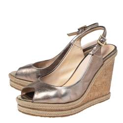 Pre Owned Jimmy Choo Bronze Leather Slingback Espadrille Wedge Sandals Size 38