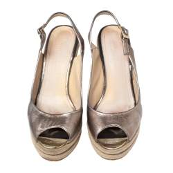 Pre Owned Jimmy Choo Bronze Leather Slingback Espadrille Wedge Sandals Size 38