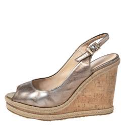 Pre Owned Jimmy Choo Bronze Leather Slingback Espadrille Wedge Sandals Size 38