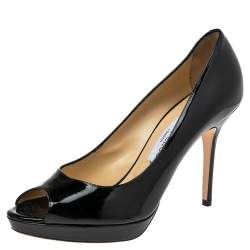 مملوكة مسبقًا حذاء كعب عالي جيمي تشو جلد لامع أسود مقدمة مفتوحة نعل سميك مقاس 38.5