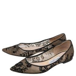 Pre Owned Jimmy Choo Black/Beige Mesh And Lace Romy Pointed Ballerina Size 37