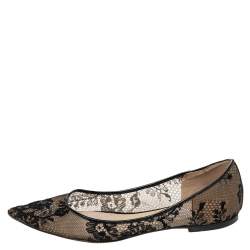 Pre Owned Jimmy Choo Black/Beige Mesh And Lace Romy Pointed Ballerina Size 37