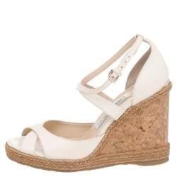 مملوكة مسبقًا Jimmy Choo White Leather Alanah Cork Wedge Ankle Strap Sandals Size 38