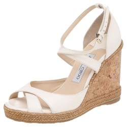 مملوكة مسبقًا Jimmy Choo White Leather Alanah Cork Wedge Ankle Strap Sandals Size 38
