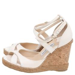 مملوكة مسبقًا Jimmy Choo White Leather Alanah Cork Wedge Ankle Strap Sandals Size 38