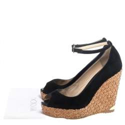 Pre Owned Jimmy Choo Black Suede Pacific Wedge Platform Ankle Strap Pumps Size 37.5