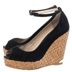 Pre Owned Jimmy Choo Black Suede Pacific Wedge Platform Ankle Strap Pumps Size 37.5