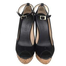 Pre Owned Jimmy Choo Black Suede Pacific Wedge Platform Ankle Strap Pumps Size 37.5