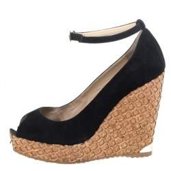 Pre Owned Jimmy Choo Black Suede Pacific Wedge Platform Ankle Strap Pumps Size 37.5