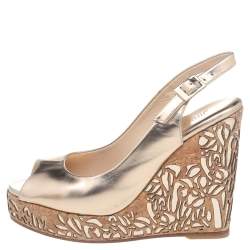 Pre Owned Jimmy Choo Metallic Gold Leather Prova Wedge Slingabck Sandals Size 36.5