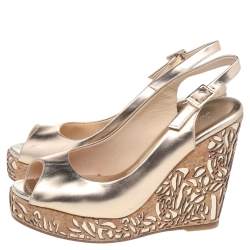 Pre Owned Jimmy Choo Metallic Gold Leather Prova Wedge Slingabck Sandals Size 36.5