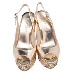 Pre Owned Jimmy Choo Metallic Gold Leather Prova Wedge Slingabck Sandals Size 36.5