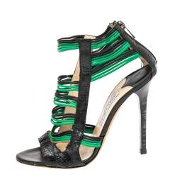 Pre Owned Jimmy Choo Black/Green Python And Leather Corsica Sandals Size 39.5