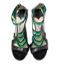 Pre Owned Jimmy Choo Black/Green Python And Leather Corsica Sandals Size 39.5