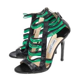 Pre Owned Jimmy Choo Black/Green Python And Leather Corsica Sandals Size 39.5
