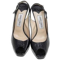 Pre Owned Jimmy Choo Black Snakeskin Elazer Slingback Sandals Size 37.5