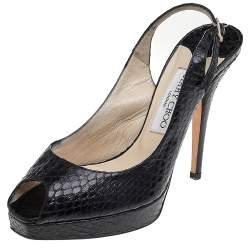 Pre Owned Jimmy Choo Black Snakeskin Elazer Slingback Sandals Size 37.5