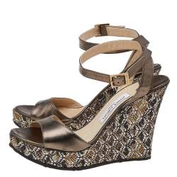 Pre Owned Jimmy Choo Metallic Leather Wedge Platform Sandals Size 41