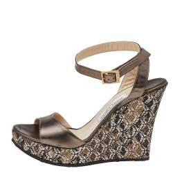Pre Owned Jimmy Choo Metallic Leather Wedge Platform Sandals Size 41