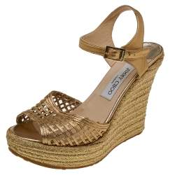 Pre Owned Jimmy Choo Gold Leather Wedge Platform Espadrille Sandals Size 40