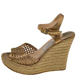 Pre Owned Jimmy Choo Gold Leather Wedge Platform Espadrille Sandals Size 40