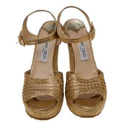 Pre Owned Jimmy Choo Gold Leather Wedge Platform Espadrille Sandals Size 40