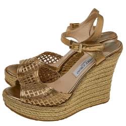 Pre Owned Jimmy Choo Gold Leather Wedge Platform Espadrille Sandals Size 40