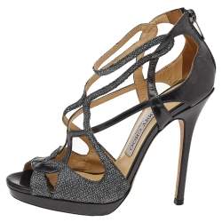 Jimmy Choo Metallic Grey Glitter And Leather Vermeil Strappy Sandals Size 36.5