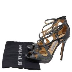 Jimmy Choo Metallic Grey Glitter And Leather Vermeil Strappy Sandals Size 36.5
