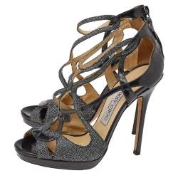 Jimmy Choo Metallic Grey Glitter And Leather Vermeil Strappy Sandals Size 36.5