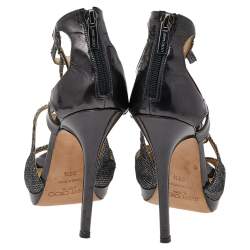 Jimmy Choo Metallic Grey Glitter And Leather Vermeil Strappy Sandals Size 36.5