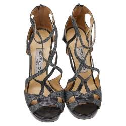 Jimmy Choo Metallic Grey Glitter And Leather Vermeil Strappy Sandals Size 36.5
