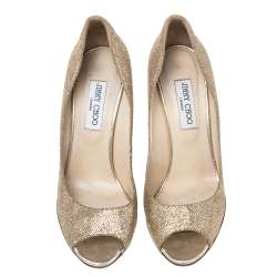 Pre Owned Jimmy Choo Metallic Gold Glitter Fabric Baxen Peep Toe Wedges Pumps Size 40