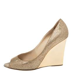 Pre Owned Jimmy Choo Metallic Gold Glitter Fabric Baxen Peep Toe Wedges Pumps Size 40