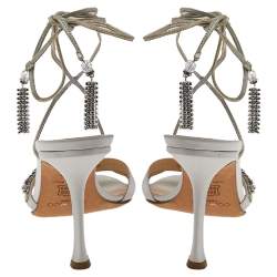 مملوكة مسبقًا Jimmy Choo Silver Satin Crystal Embellished Wrap Sandals Size 38.5