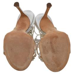 مملوكة مسبقًا Jimmy Choo Silver Satin Crystal Embellished Wrap Sandals Size 38.5