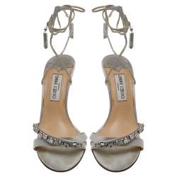 مملوكة مسبقًا Jimmy Choo Silver Satin Crystal Embellished Wrap Sandals Size 38.5