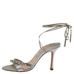 مملوكة مسبقًا Jimmy Choo Silver Satin Crystal Embellished Wrap Sandals Size 38.5