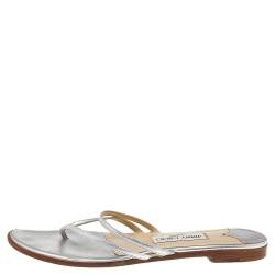 Pre Owned Jimmy Choo Silver Leather Thong Flats Size 38