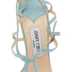 Pre Owned Jimmy Choo Blue Leather T-Strap Sandals Size 38