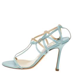 Pre Owned Jimmy Choo Blue Leather T-Strap Sandals Size 38