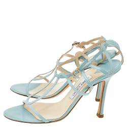 Pre Owned Jimmy Choo Blue Leather T-Strap Sandals Size 38