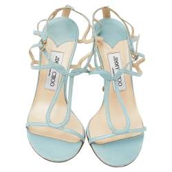 Pre Owned Jimmy Choo Blue Leather T-Strap Sandals Size 38